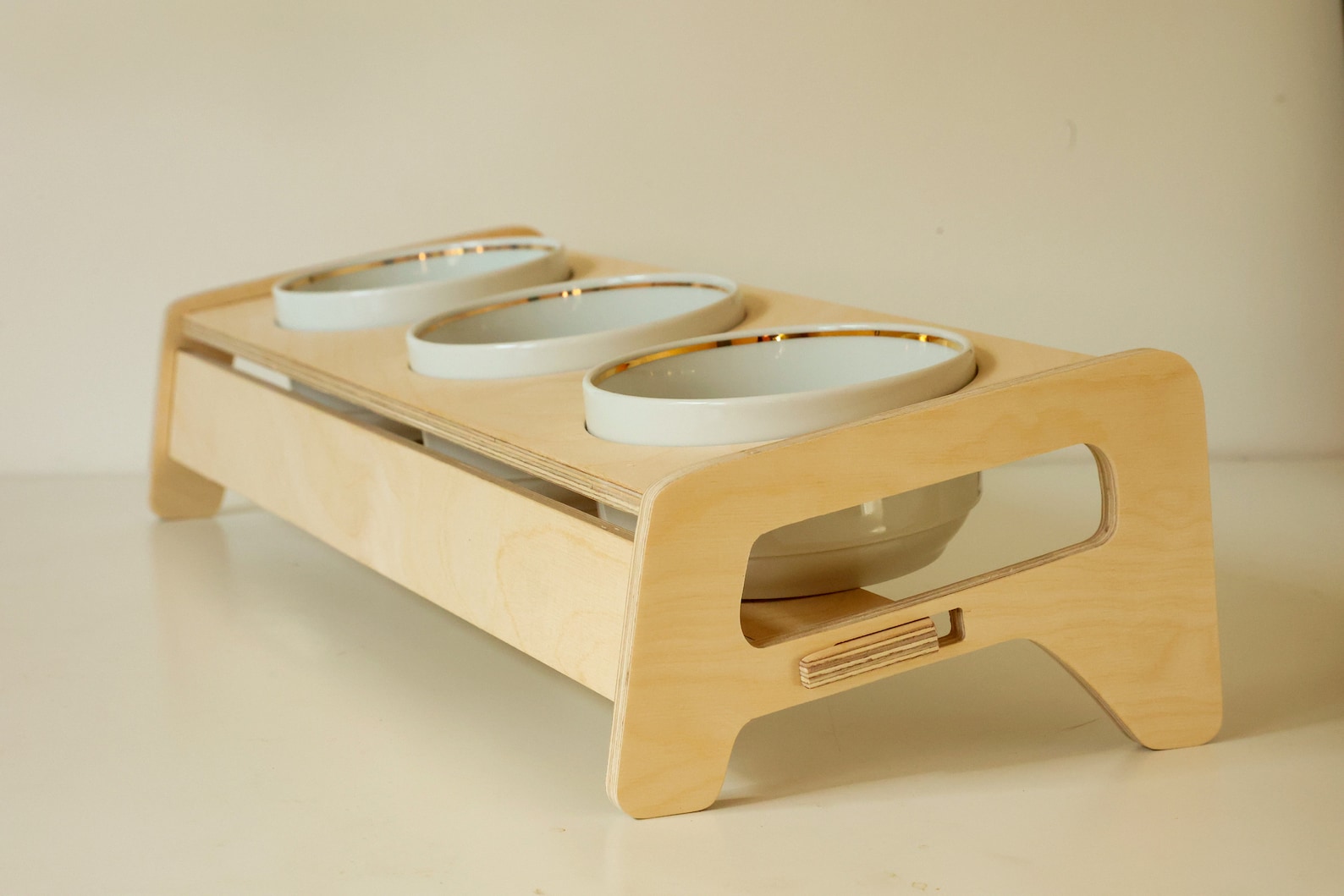 Handmade Wooden Pet Feeding Stand Elevated Ceramic Bowls Anatomically