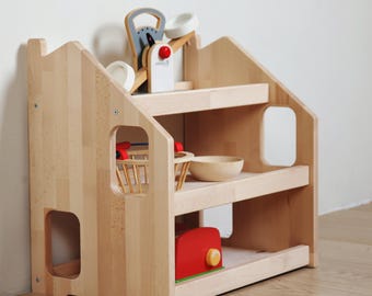 Montessori Toy Shelf for Kids – House-Shaped Wooden Toy Organizer in Natural Beech Wood – Nursery & Playroom Storage