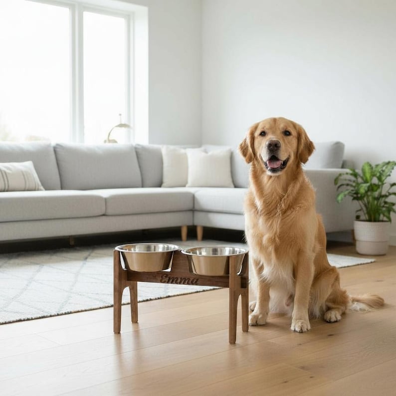 May include: A wooden dog bowl stand with two stainless steel bowls. The stand is engraved with the name "Emma". A golden retriever sits next to the bowls in a well-lit living room setting.
