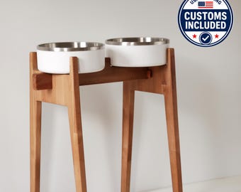 XL & XXL Dog Bowl Stand up to 50 cm / 19.7 in, Tall Wooden Feeder for Large Dogs with Bonus Anti-Splash Insert