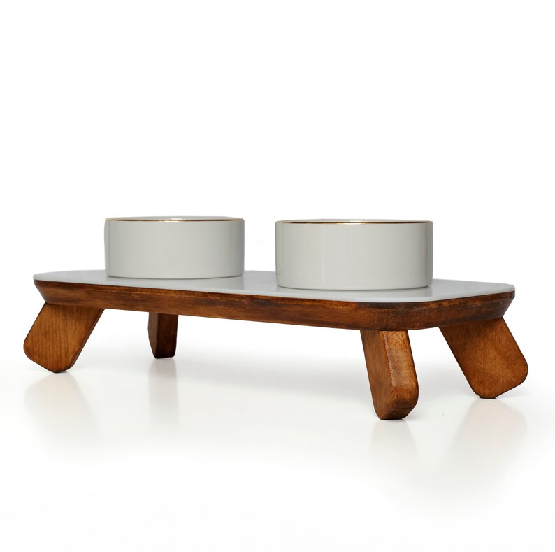 Handcrafted Ceramic Pet Bowls on Natural Wood Stand With White Acrylic