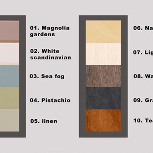 a collection of color swatches representing various materials, such as white, light oak, sea fog, walnut, pistachio, gray barrel, and teak.