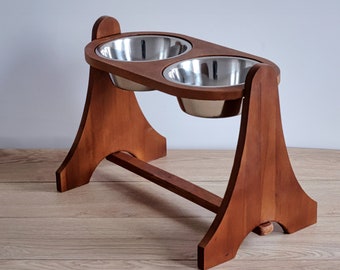HappyBowl Handcrafted Dog Feeding Stand. Natural Beech Wood. Stainless Steel Bowls. Original Design. Hundenapfständer
