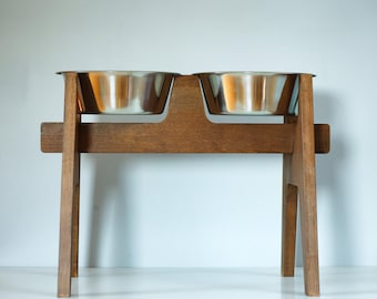 HappyBowl Handmade Beech Wooden Elevated Dog Bowl Stand for Large Dogs with 2 Stainless Steel Bowls in Set Hohen Hundenapfständer aus Holz