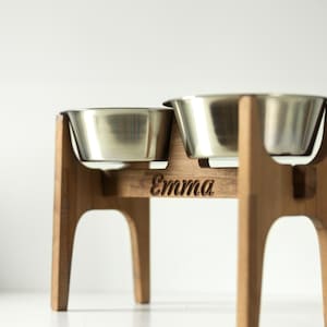 Handmade Elevated Dog Bowl Stand for Large Dogs, Beech Wood Feeder with 2 Stainless Steel Bowls, Modern Raised Dog Feeding Station image 1