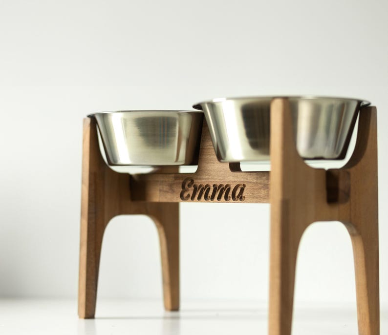 Handmade Elevated Dog Bowl Stand for Large Dogs, Beech Wood Feeder with 2 Stainless Steel Bowls, Modern Raised Dog Feeding Station image 1