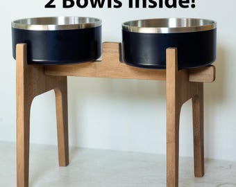 Comedero elevado HappyBowl de madera de haya para perros grandes con dos tazones de acero inoxidable. Juego de dos tazones. Tazones personalizados para perros.