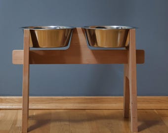 Beech Wooden Elevated Dog Bowl Stand for Large Dogs with 2 Stainless Steel Bowls, Hundenapfständer für große Hunde