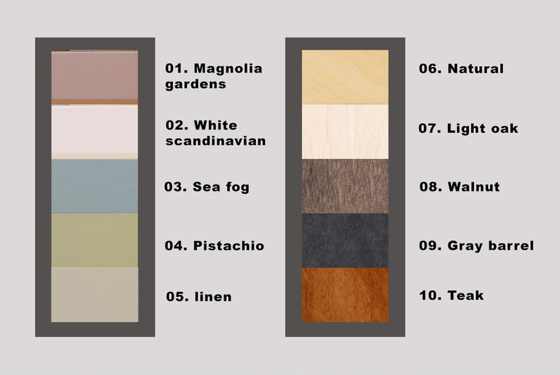 a collection of color swatches representing various materials, such as white, light oak, sea fog, walnut, pistachio, gray barrel, and teak.