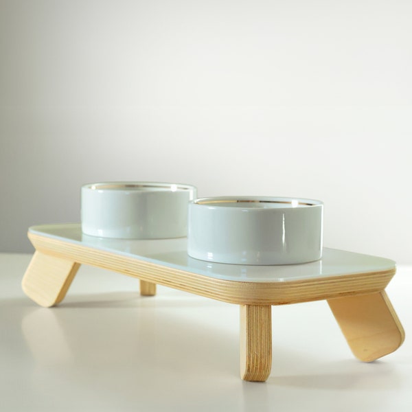 Modern Ceramic Bowls with Plywood Elevated Stand and Removable Acrylic Top – Contemporary Design