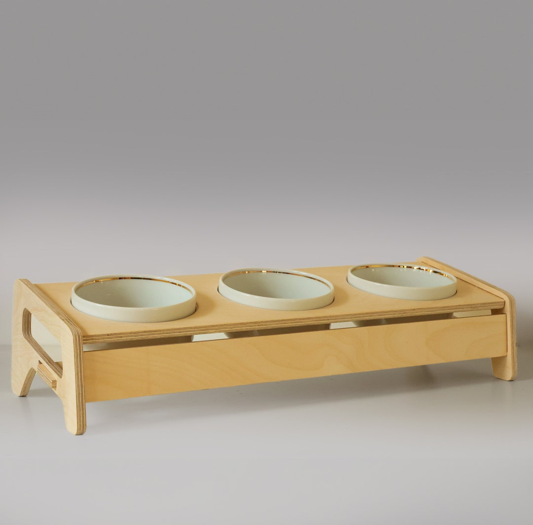 Handmade Wooden Pet Feeding Stand Elevated Ceramic Bowls Anatomically