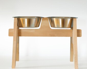 HappyBowl XXL-44cm Handmade Beech Wood Dog Bowl Stand for Large Dogs with 2 Stainless Steel Bowls //