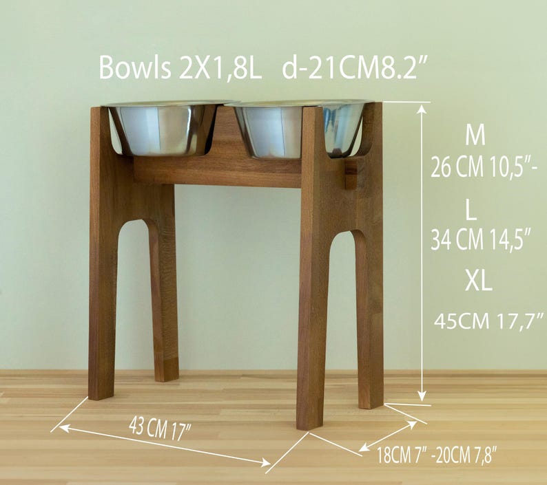 WYSOKI - 34 cm/13,4 cala Idealny dla dużych i średnich psów. Podwyższony stojak na miski dla psa z drewna bukowego z 2 miskami ze stali nierdzewnej w zestawie. zdjęcie 10