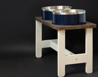 HappyBowl Beech Wooden Elevated Dog Bowl Stand for Large Dogs with 2 Stainless Steel Bowls. Two bowls in a set. Compatible with Etsy bowls.