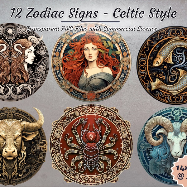 Zodiac Signs Celtic Style, 12 Transparent PNG, High Res Horoscope Illustrations for Designs, Crafts, Scrapbooking, Decor, Commercial License