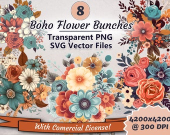 Retro Boho Flower Bunches Clipart, 8 Transparent PNG and SVG Vector Files, Digital Floral Illustrations Sublimations, Crafting and Design