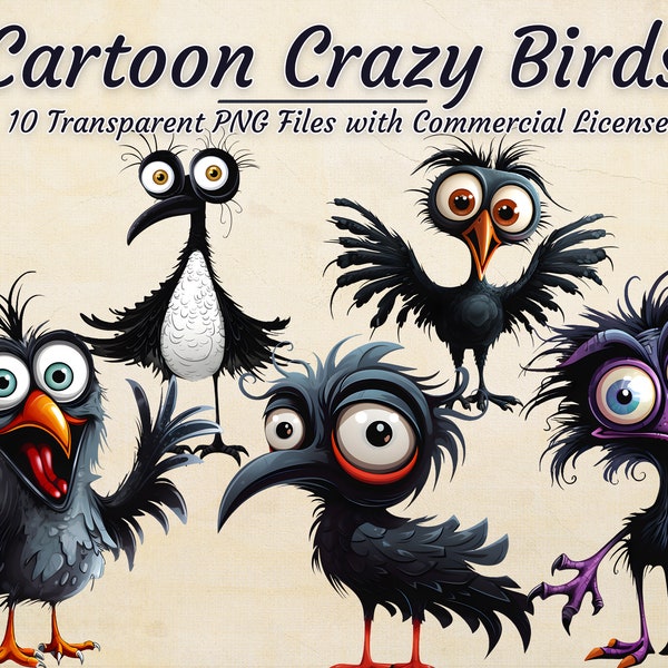 Crazy Birds Cartoon Clipart, 10 transparente PNG-Dateien, hochauflösende Cartoon-Grafiken für Sublimationen, digitale Designs und Kunsthandwerk