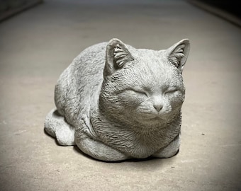 Sleeping cat statue Concrete resting cat figure Realistic cat memorial figurine Outdoor or indoor sculpture