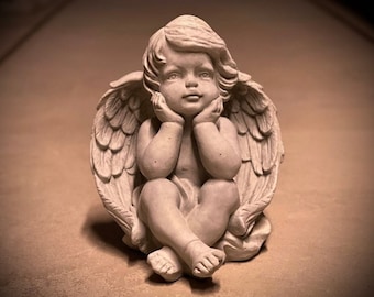 Concrete sitting angel statue Detailed angel with big wings Indoor or outdoor religious sculpture