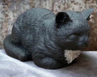 Curled up kitten statue Black cat garden figurine Outdoor or indoor kitty memorial sculpture