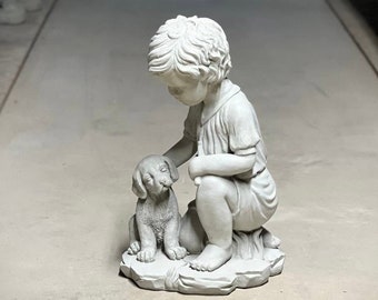 Realistic boy with dog statue Concrete boy with dog figurine Outdoor garden or backyard decoration