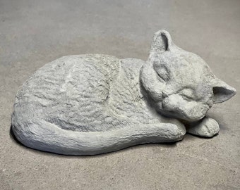 Laying on side cat statue Detailed sleeping kitten figure Outdoor cat memorial art
