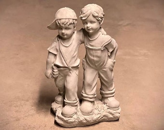 Standing two boys with baseball statue Concrete two boys playing baseball figurine Outdoor garden art