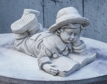 Boy reading book statue Laying kid with book figurine Massive boy figure Large children garden decoration