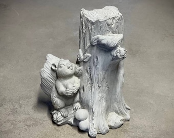 Woodland on stump statue Concrete squirrel on post figurine Garden or backyard figure