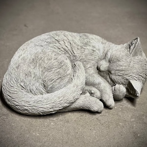 Concrete cat laying on back statue Detailed cat figure Sleeping kitty figurine Outdoor cat memorial sculpture