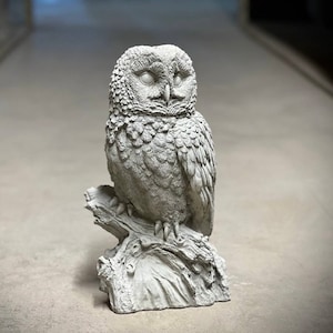 Concrete owl barn statue Detailed owl bird on base figurine Outdoor night owl sculpture Garden art