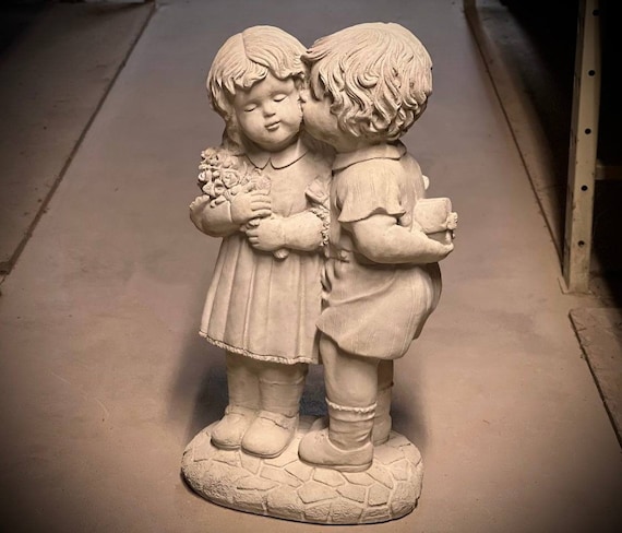 Whispering Kids Statue Large Boy and Girl Kissing Sculpture