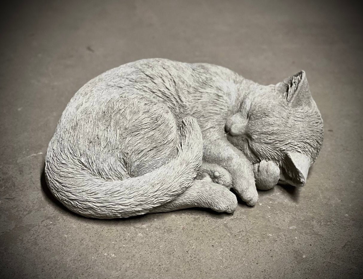 Concrete cat laying on back statue Detailed cat figure Sleeping kitty figurine Outdoor cat memorial sculpture