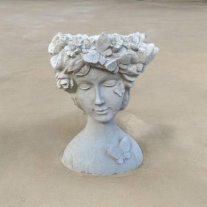 Lady bust statue Flowers planter sculpture Concrete pot Face with butterflies figure Patio planter Head with roses pot
