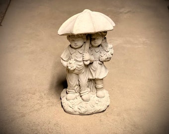 Two Kids Under Umbrella Statue Standing Boy and Girl Under