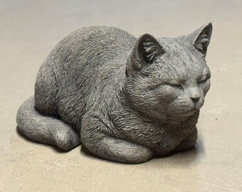 Large cat figure Painted cat figurine Black cat sculpture Outdoor stone decoration Crouching kitten Detailed cat statue