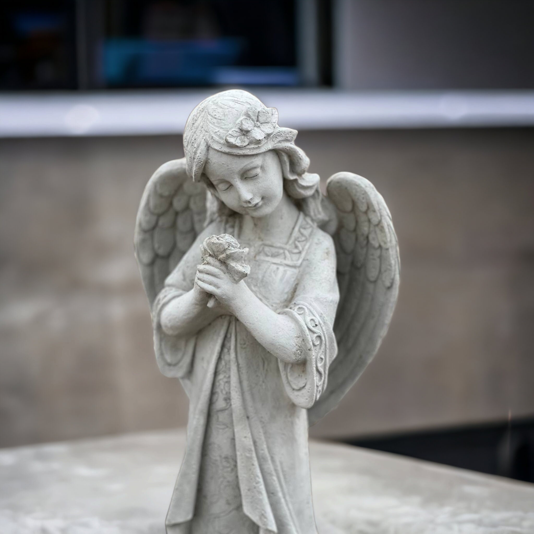 Concrete Angel With Flowers Statue Religious Angel Figure Outdoor ...
