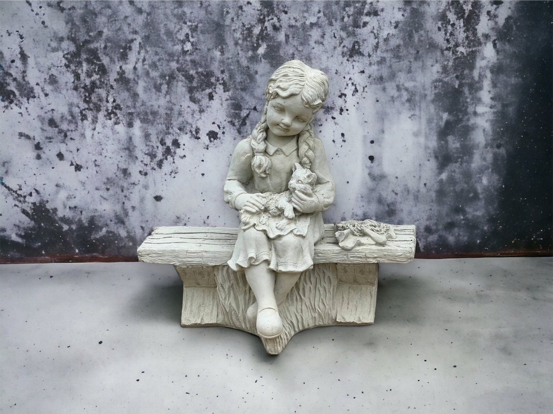 Girl With Cat Sitting on Bench Statue Concrete Girl With Kitten