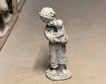 Boy holding puppy statue Massive kid with dog figure Boy sculpture Garden cement decoration Stone kid memorial grave gift Lawn ornament