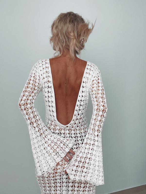 embellished long sleeve backless maxi dress in white A&A Pink Polka Backless Maxi Dress – Bow Tie Open Back – ARIELLA & AYANA main image 1