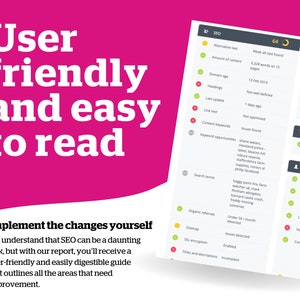 Op de afbeelding: Een roze en witte grafiek met de tekst "User friendly and easy to read" en een checklist van SEO-items met groene vinkjes, gele waarschuwingsborden en rode foutmeldingen. De checklist bevat items zoals "Alternatieve tekst", "Hoeveelheid inhoud", "Domeinleeftijd", "Koppen", "Laatste update", "Linktekst", "Inhoudskeywords", "Keyword-mogelijkheden", "Zoektermen", "Organische verwijzingen", "Sitemap", "SSL-versleuteling", "Titels en beschrijvingen".