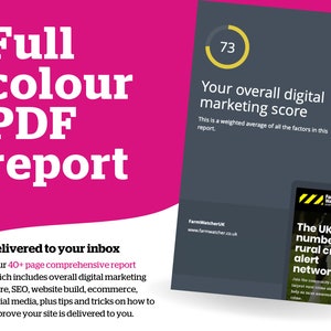 Op de afbeelding: Een roze en grijze afbeelding met de tekst "Full color PDF report" en "Delivered to your inbox". De afbeelding bevat ook een cirkel met het nummer 73 erin en de tekst "Your overall digital marketing score".
