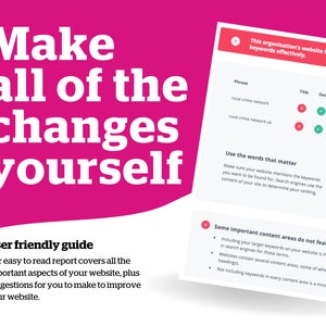 Op de afbeelding: Een roze en witte afbeelding met de tekst "Maak alle veranderingen zelf". De afbeelding is een gids voor het verbeteren van website-inhoud en zoekmachineoptimalisatie (SEO). De gids bevat een tabel met de zinnen "landelijk misdaadnetwerk" en "landelijk misdaadnetwerk VK" en vinkjes die aangeven of de zinnen in de titel en beschrijving van de website zijn opgenomen. De gids bevat ook een sectie met de titel "Gebruik de woorden die ertoe doen" en een sectie met de titel "Sommige belangrijke inhoudsgebieden bevatten niet de doel-keywords".