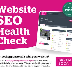 Op de afbeelding: Een roze en groene afbeelding met de tekst "Website SEO Health Check" en een screenshot van een website-auditrapport. Het rapport toont een score van 82 voor de algemene gezondheid van de website, 62 voor SEO en 62 voor betaalde zoekopdrachten. Het rapport bevat ook een lijst met problemen met de website-build.