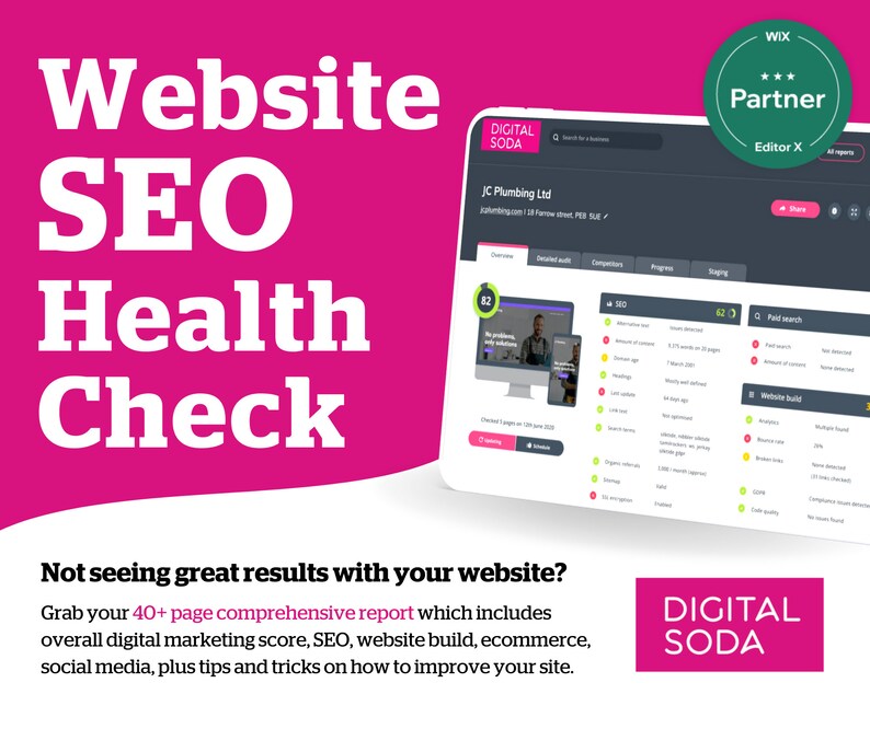 Op de afbeelding: Een roze en groene afbeelding met de tekst "Website SEO Health Check" en een screenshot van een website-auditrapport. Het rapport toont een score van 82 voor de algemene gezondheid van de website, 62 voor SEO en 62 voor betaalde zoekopdrachten. Het rapport bevat ook een lijst met problemen met de website-build.