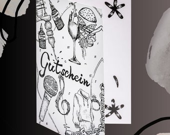 Tattoo Gutschein Karte Grußkarte Geschenkkarte schwarz oder weißer Umschlag Giftcard Geschenk Musik Luxus Geburtstag  Restaurant Karaoke