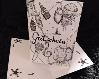 Gift card Tattoo Style, various envelopes, Giftcard, Gothic, Foody, Punc, Rock, Rocker, various mottos, themes, occasions, universal
