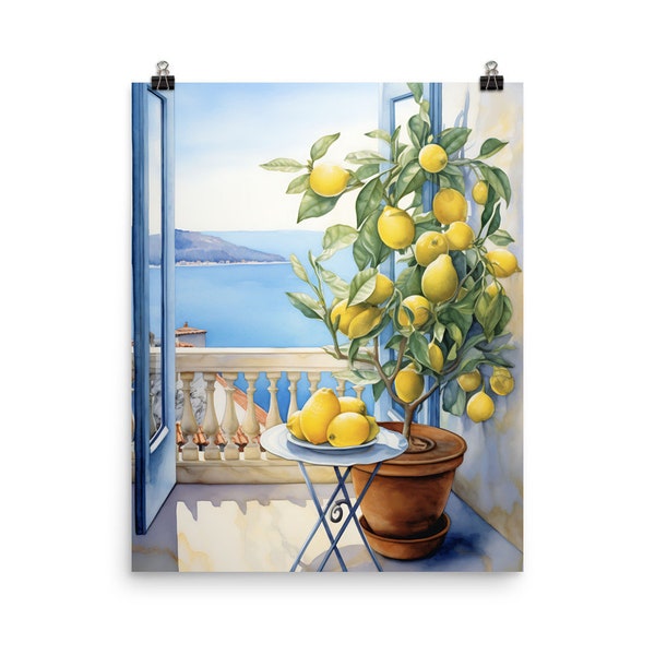 Lemon Balcony Watercolor Poster | Museum Quality Art Print | Mediterranean Landscape Decor | Cute Lemons Poster