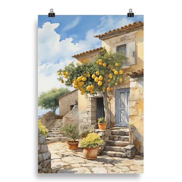 Watercolor Painting | Dalmatian Coastal Stone Building Poster |  Lemon Tree Art Print |  Realistic Watercolor Painting |  Quality Print