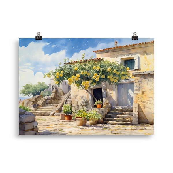 Dalmatian Village Stone Building and Lemon Tree Poster | Museum Quality Realistic Watercolor Art Print | Mediterranean Landscape Decor